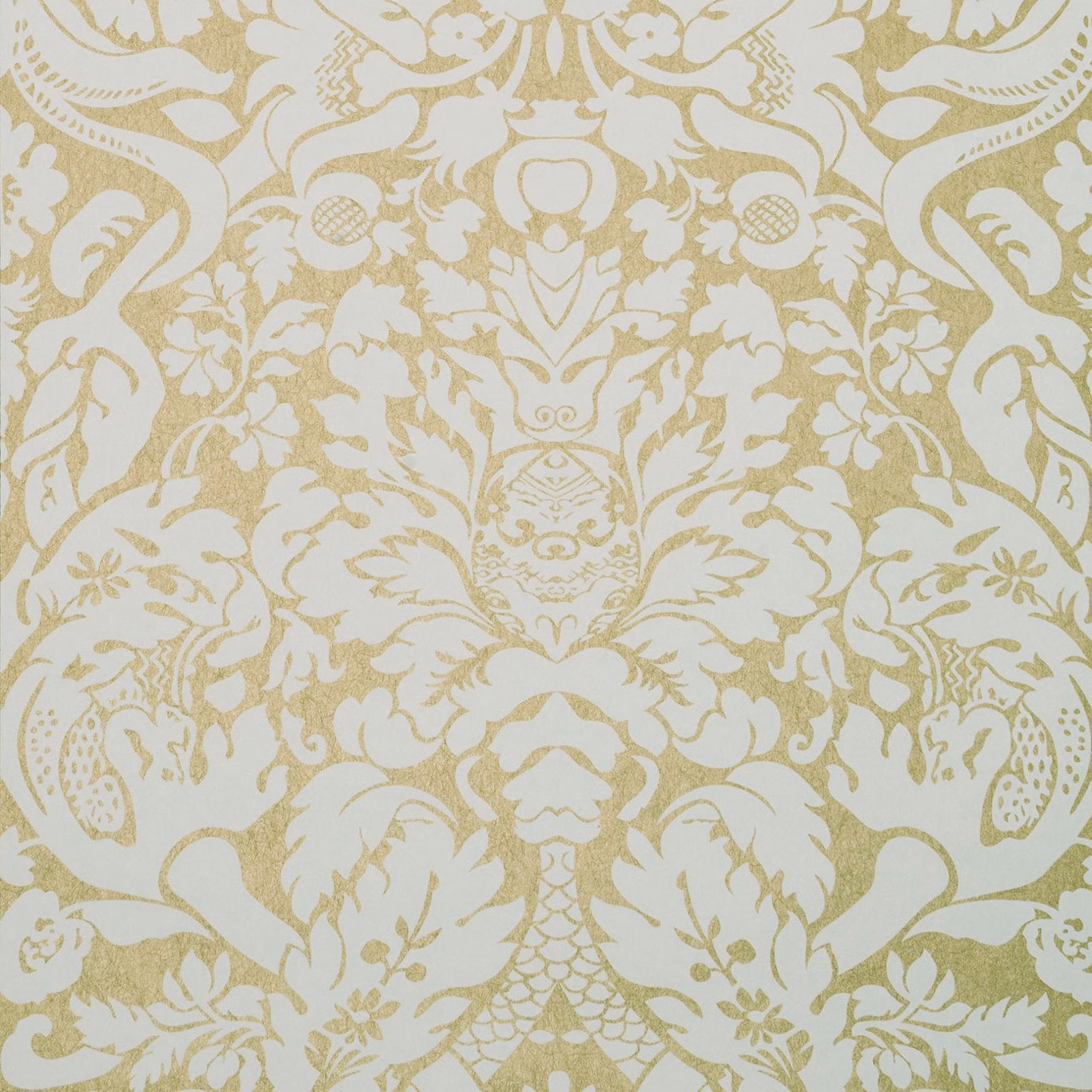 Warm antique-gold damask scrolls and florals on a soft cream ground