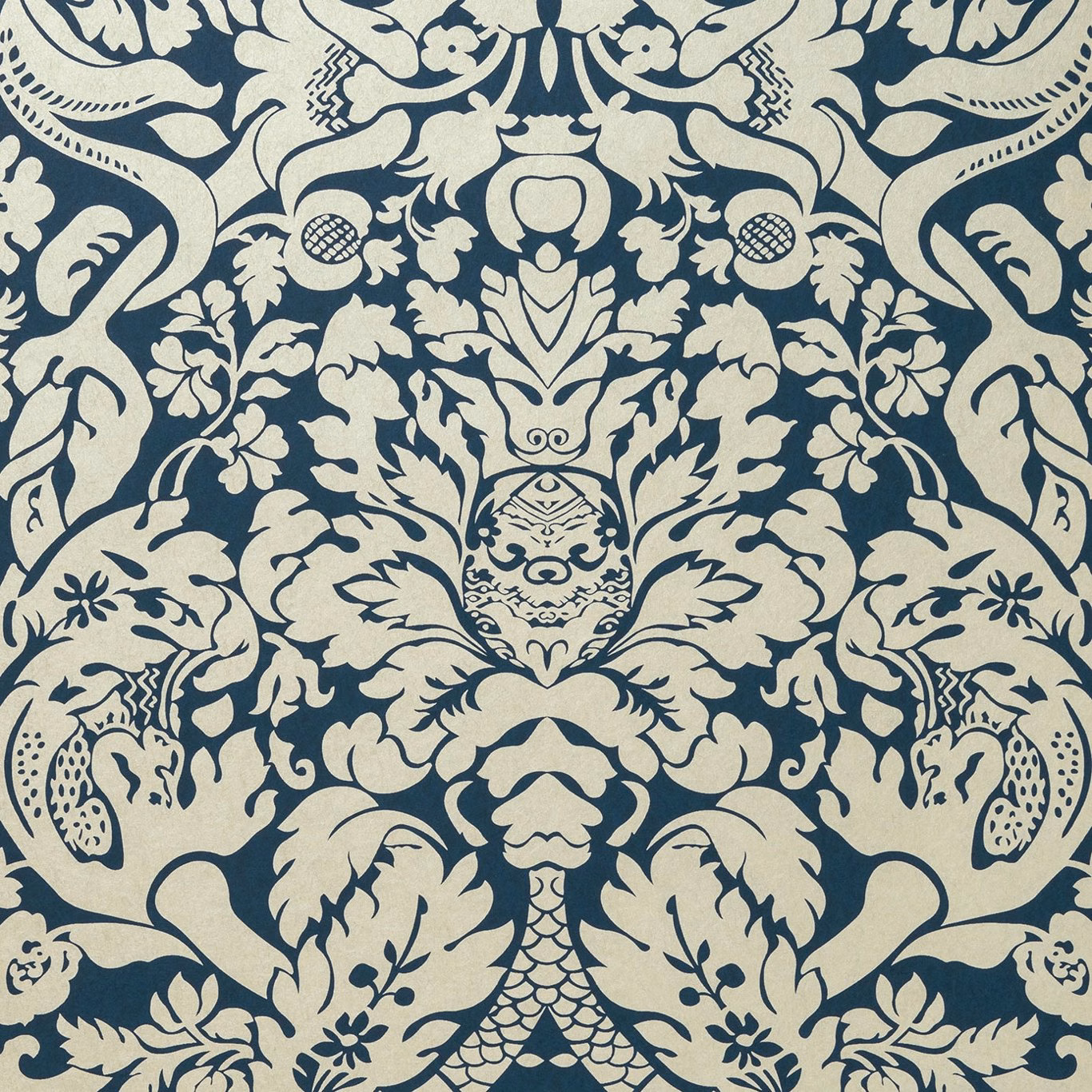 Midnight blue and ivory symmetrical damask with scrolling leaves and stylised fruit