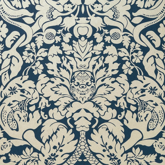 Midnight blue and ivory symmetrical damask with scrolling leaves and stylised fruit