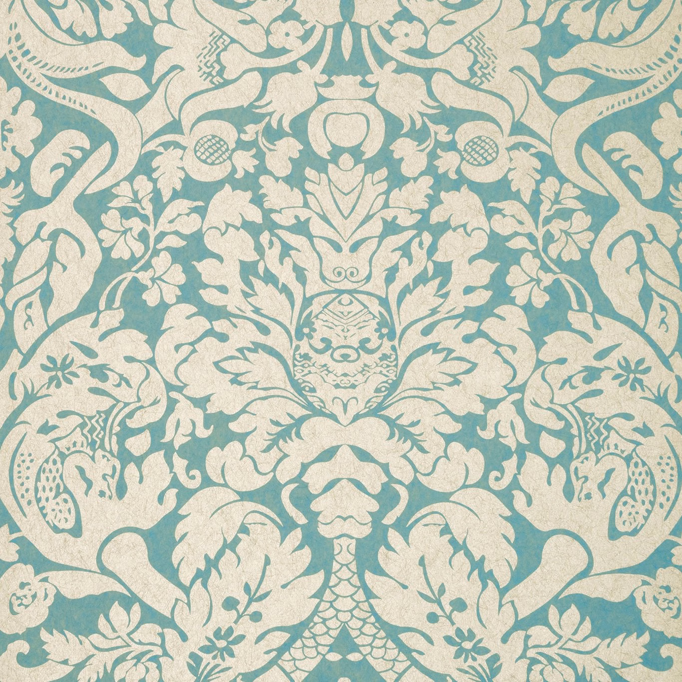 Mineral teal and pale cream damask wallpaper with ornate foliage and central urn motifs