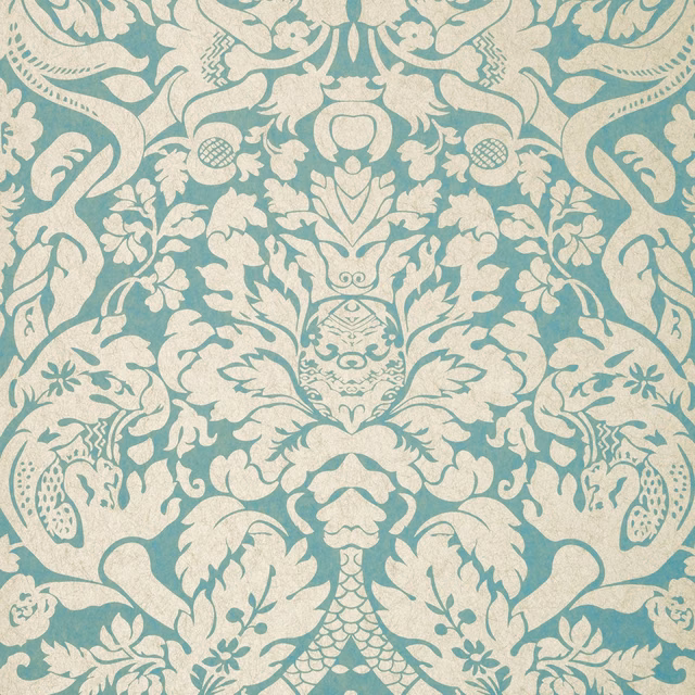 Mineral teal and pale cream damask wallpaper with ornate foliage and central urn motifs