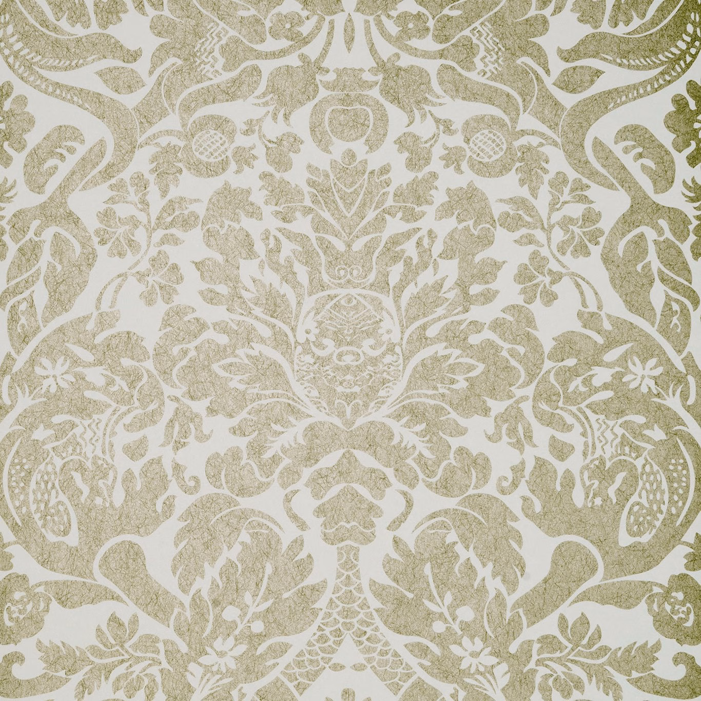 Muted sage damask foliage and floral wallpaper on an ivory ground