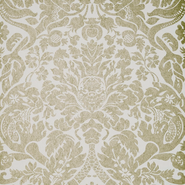 Muted sage damask foliage and floral wallpaper on an ivory ground