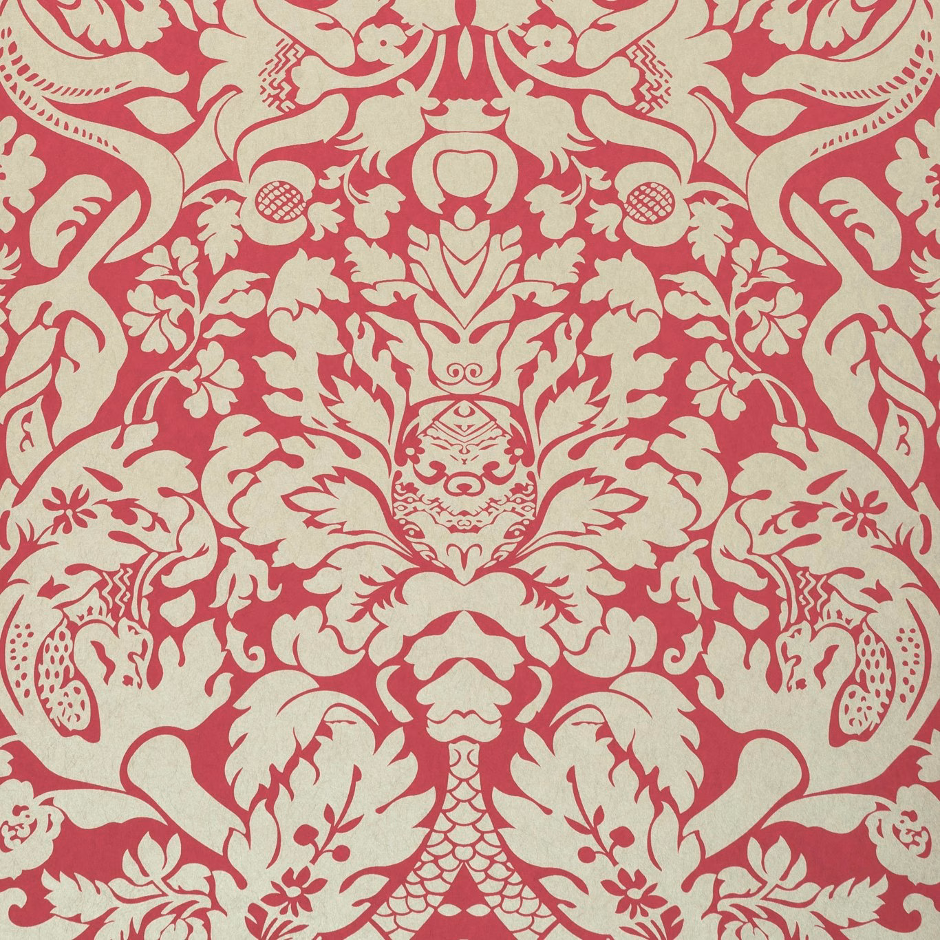 Muted raspberry wallpaper with cream symmetrical damask foliage and ornate floral motifs