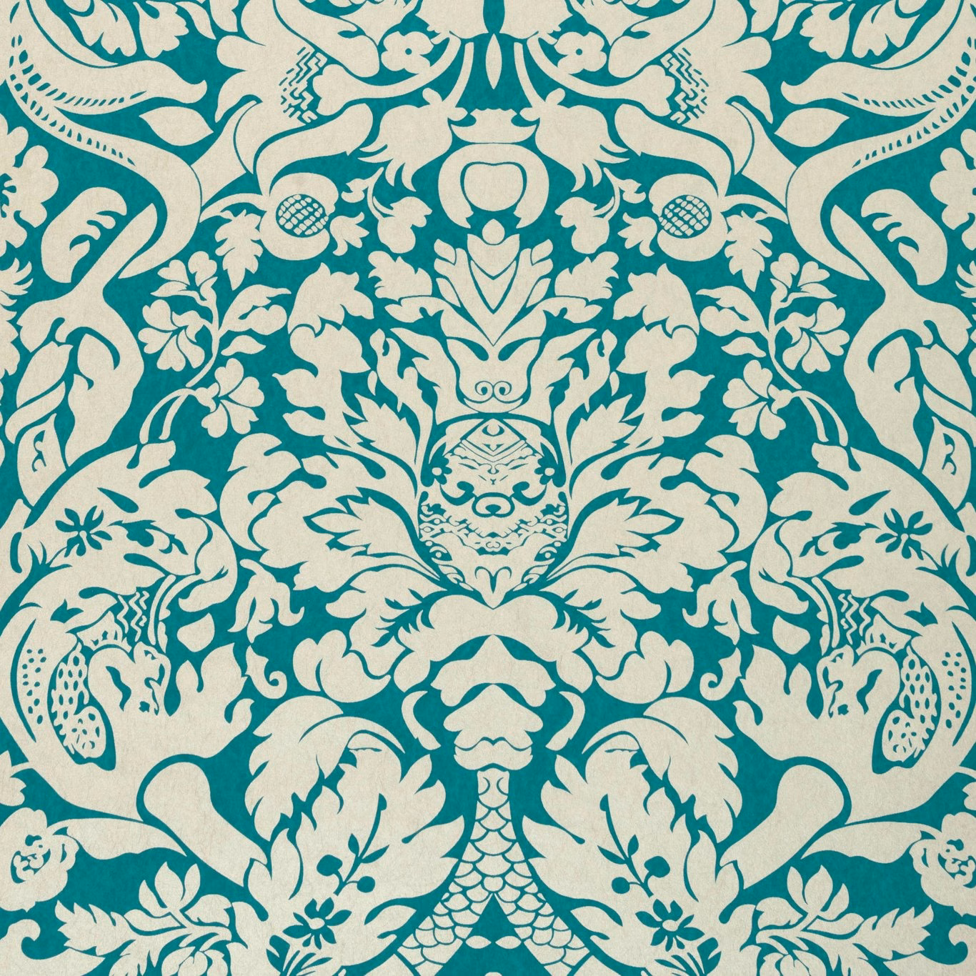Ivory damask foliage and birds on a saturated teal wallpaper ground