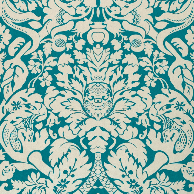 Ivory damask foliage and birds on a saturated teal wallpaper ground