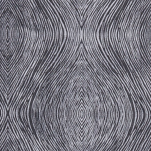 Cool charcoal fabric with pale grey concentric lines and mirrored organic motifs