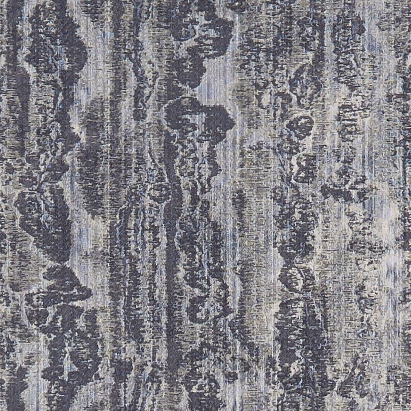 Cool charcoal-grey woven damask with distressed vertical striations and shadowed floral motifs