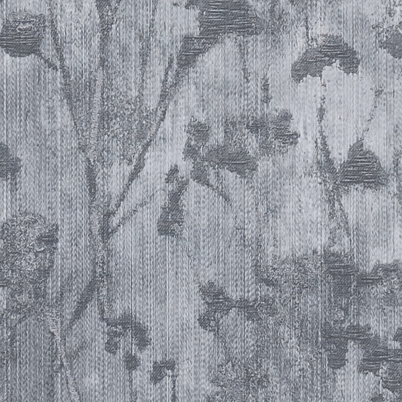 Cool charcoal grey woven fabric with abstract dark botanical marks and vertical texture