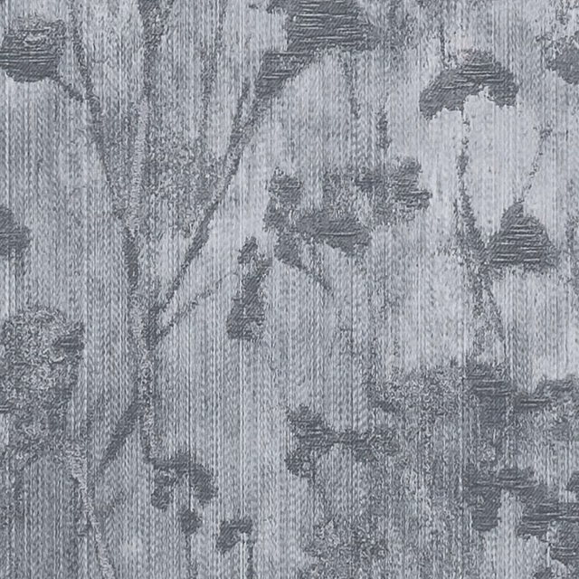 Cool charcoal grey woven fabric with abstract dark botanical marks and vertical texture