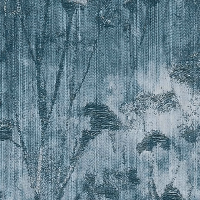 Blue-teal fabric with misty botanical silhouettes and fine vertical striated texture