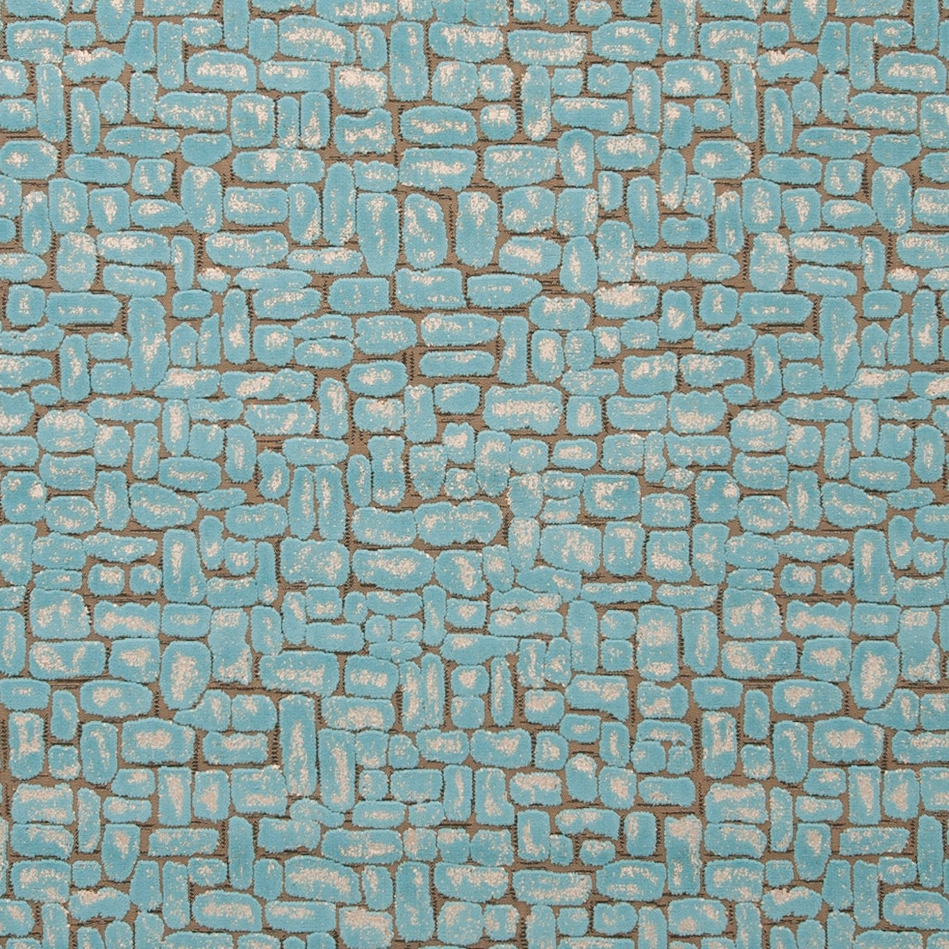Muted aqua teal upholstery with irregular beige-edged pebble blocks in a tactile woven texture