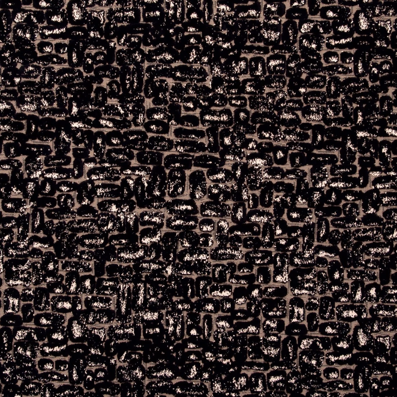 Ebony-black textured fabric with dense irregular geometric bars and warm brown highlights