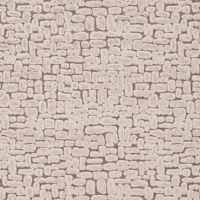 Warm beige woven swatch with raised pebble-like rectangular motif and taupe outlines