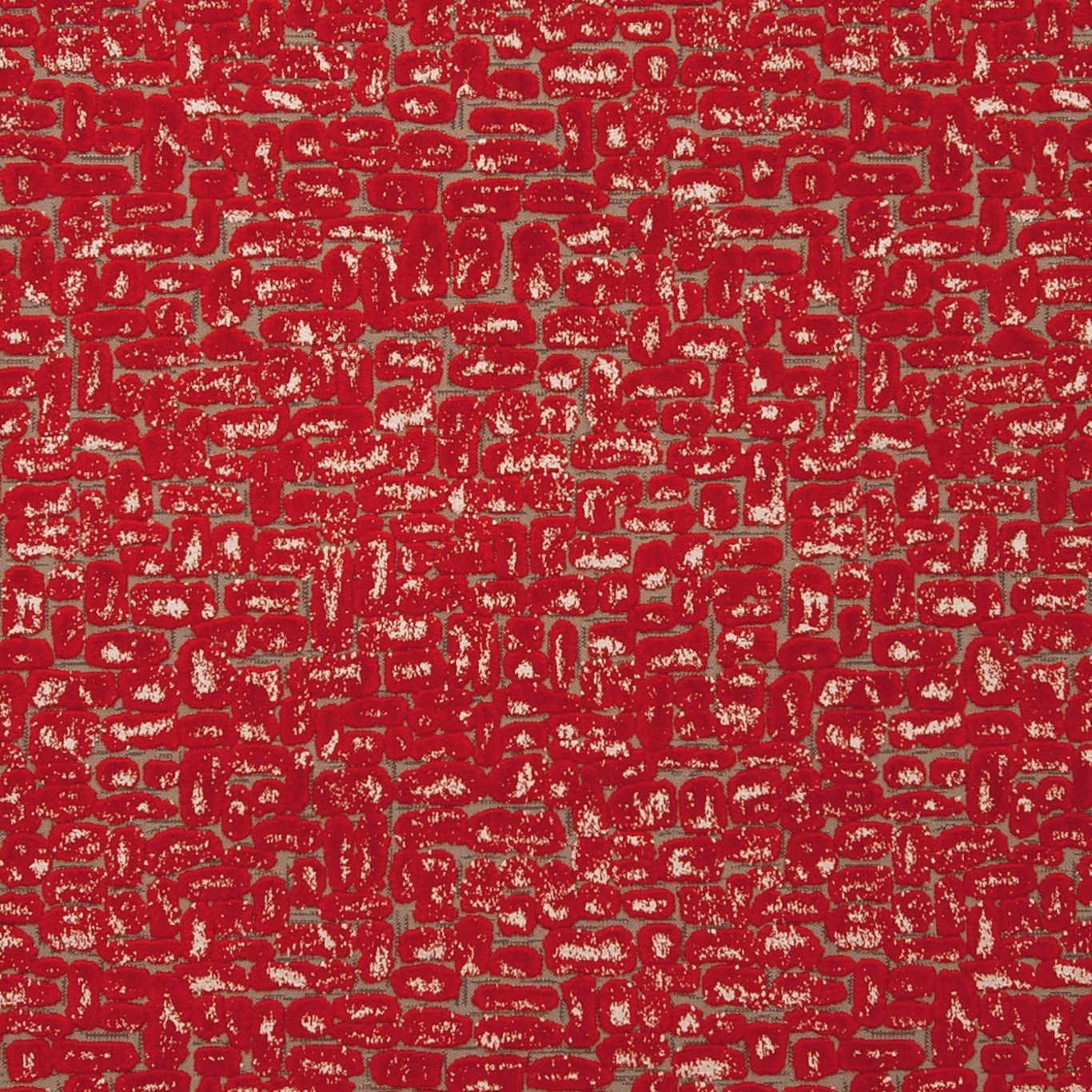 Deep crimson fabric with dense maze-like motifs and distressed pale woven flecks