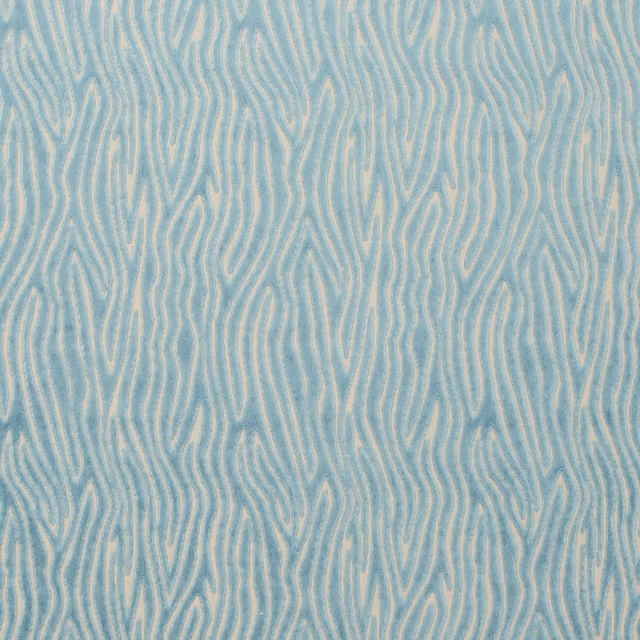 Muted aqua fabric with ivory undulating vertical lines and a softly textured weave