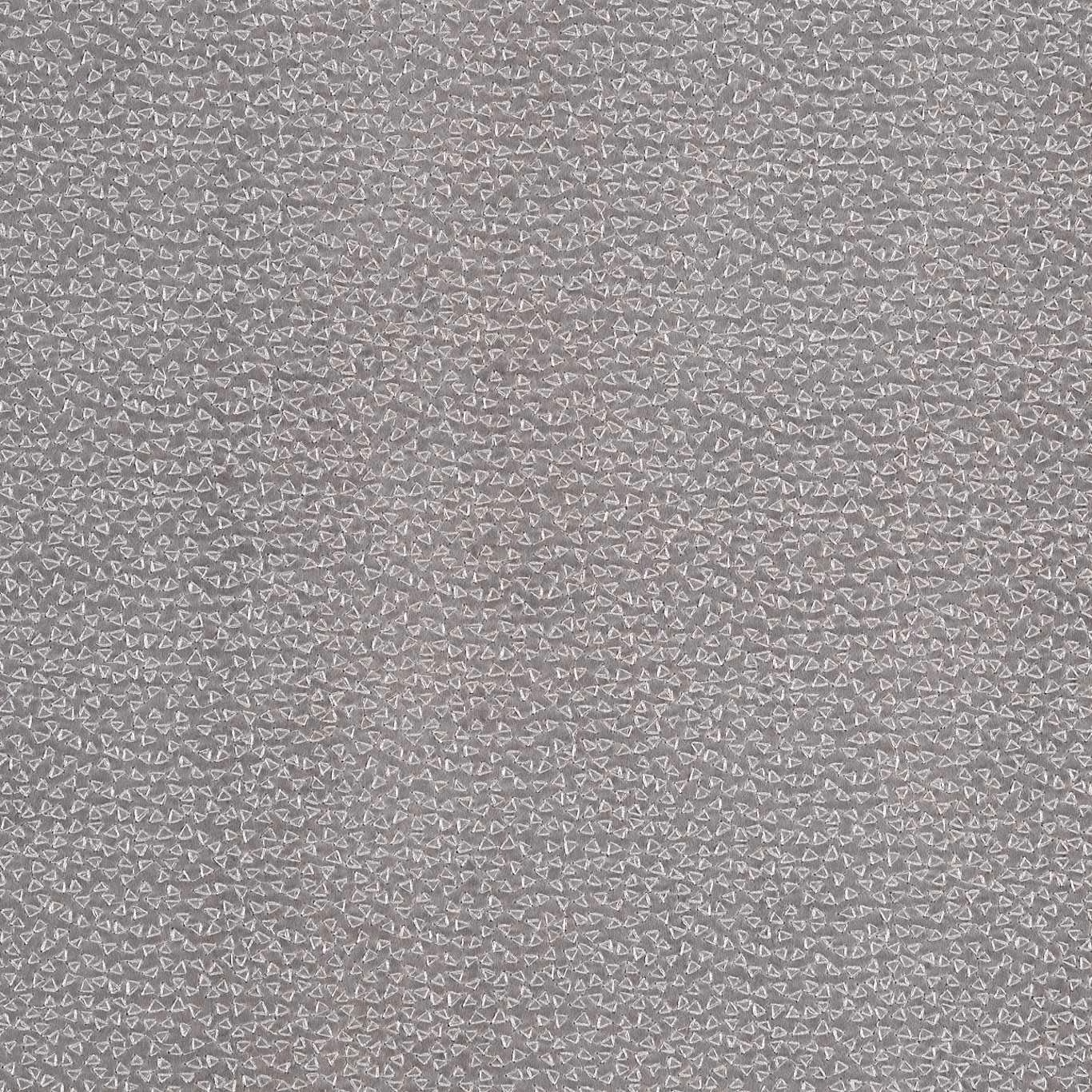 Pewter-grey woven textile with dense tiny pale geometric loop motifs and soft texture