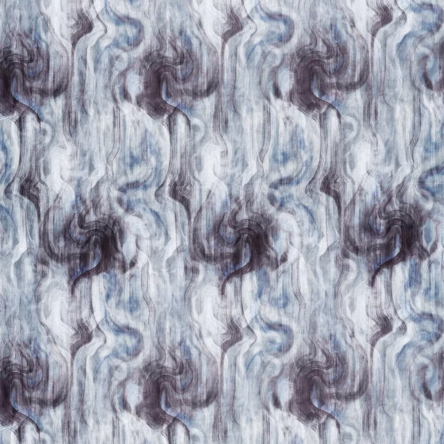 Midnight blue and silver fabric with flowing plume-like marbled vertical forms