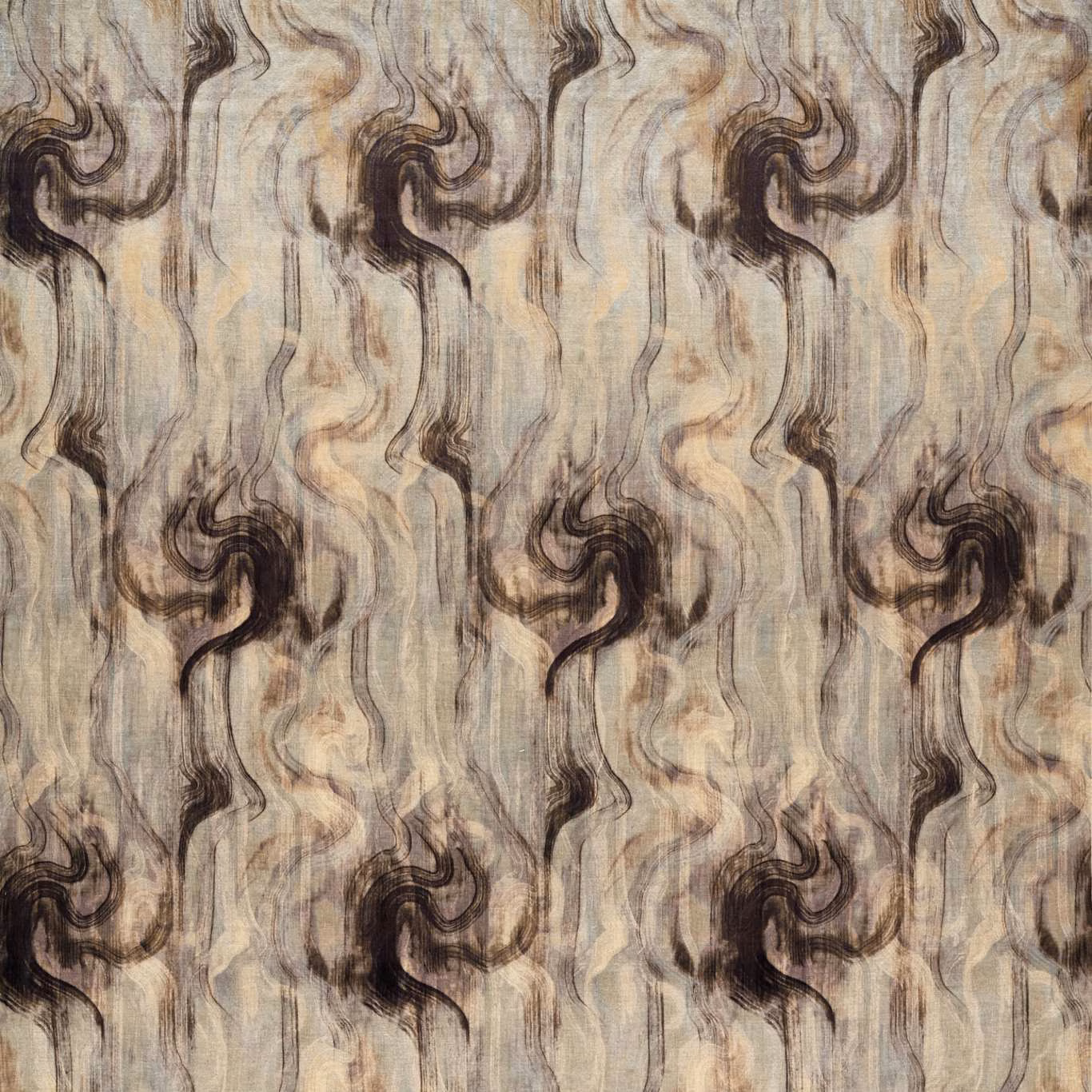 Silver taupe textile with black swirling plumes and softly brushed vertical texture