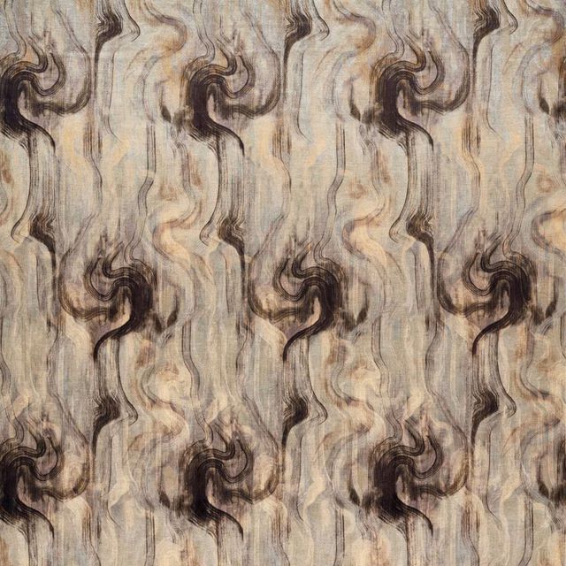 Silver taupe textile with black swirling plumes and softly brushed vertical texture