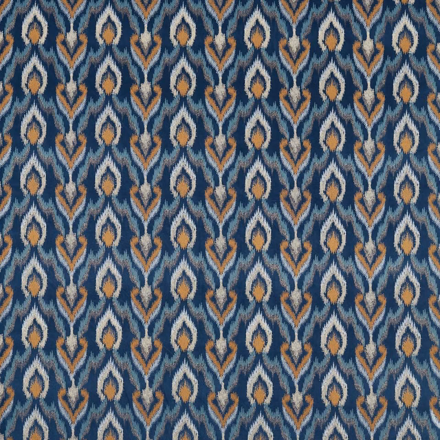 Midnight blue woven fabric with repeated cream, ochre and teal ikat motifs