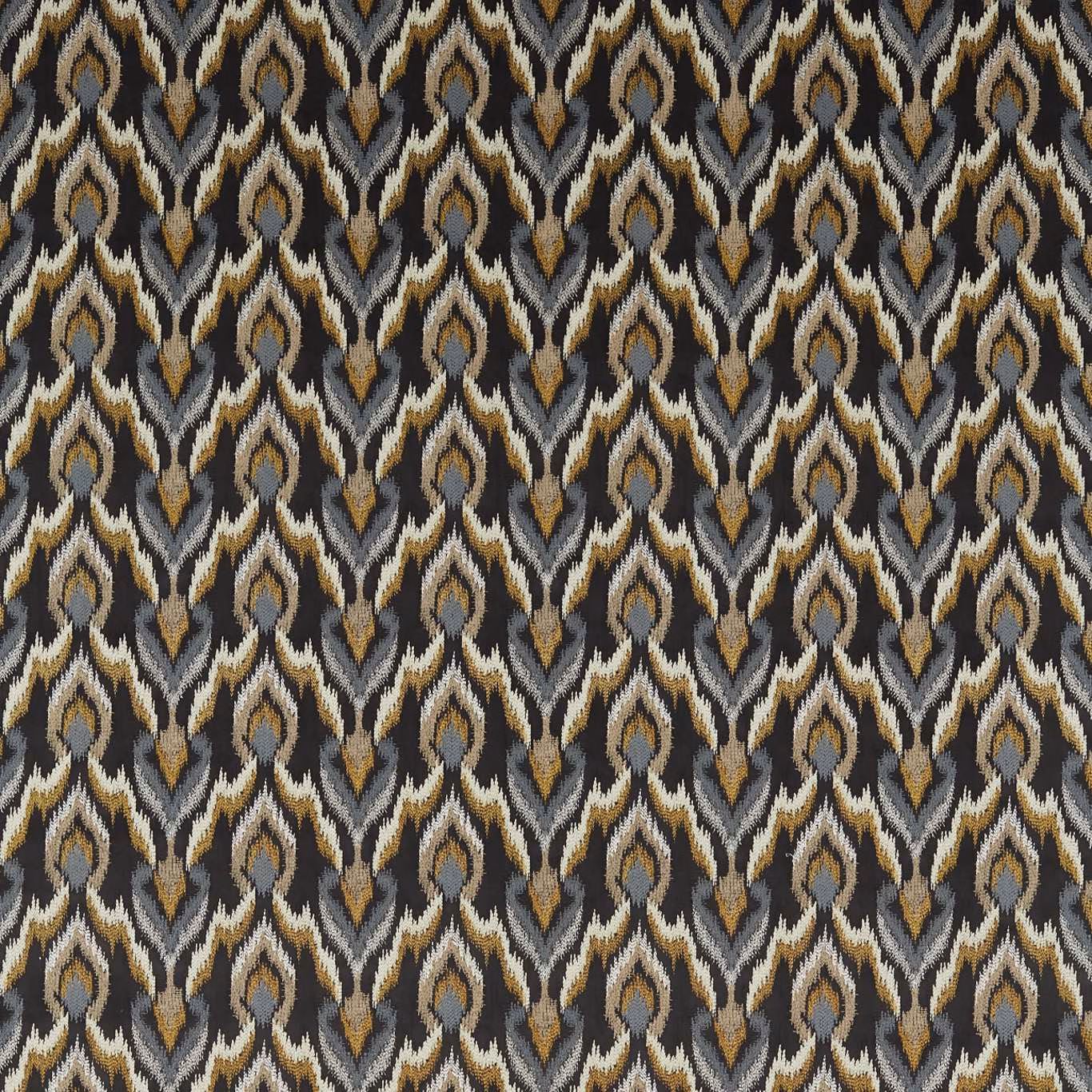 Charcoal black fabric with repeating ivory and ochre ikat-like pointed motifs