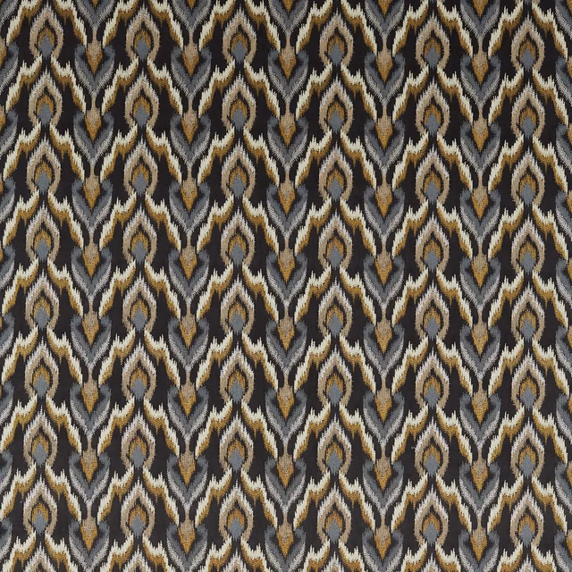 Charcoal black fabric with repeating ivory and ochre ikat-like pointed motifs