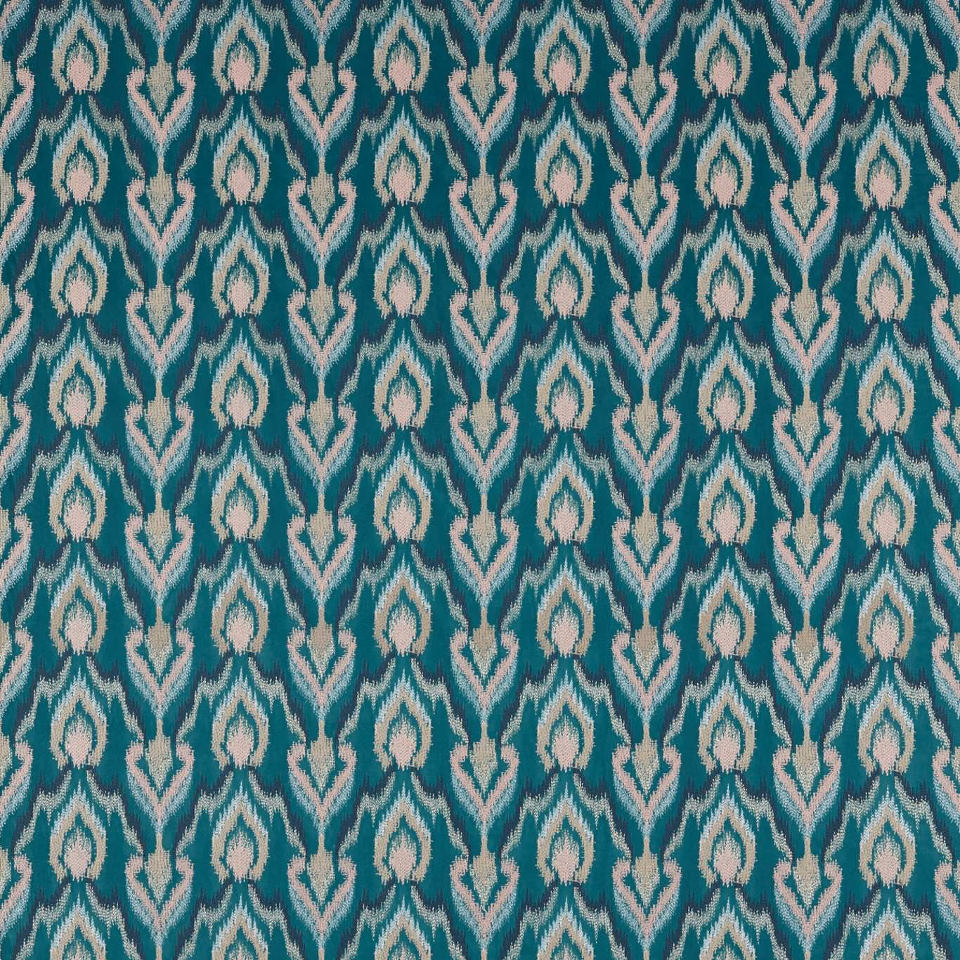 Deep teal woven fabric with repeating ivory and pale aqua ornamental motifs