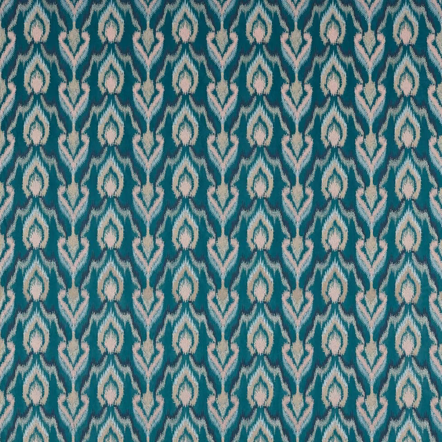 Deep teal woven fabric with repeating ivory and pale aqua ornamental motifs