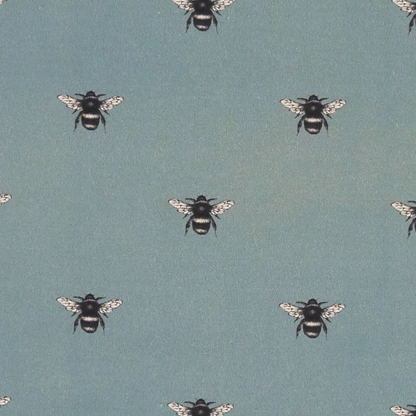 Muted mineral blue-green fabric with evenly spaced black-and-cream bee motifs