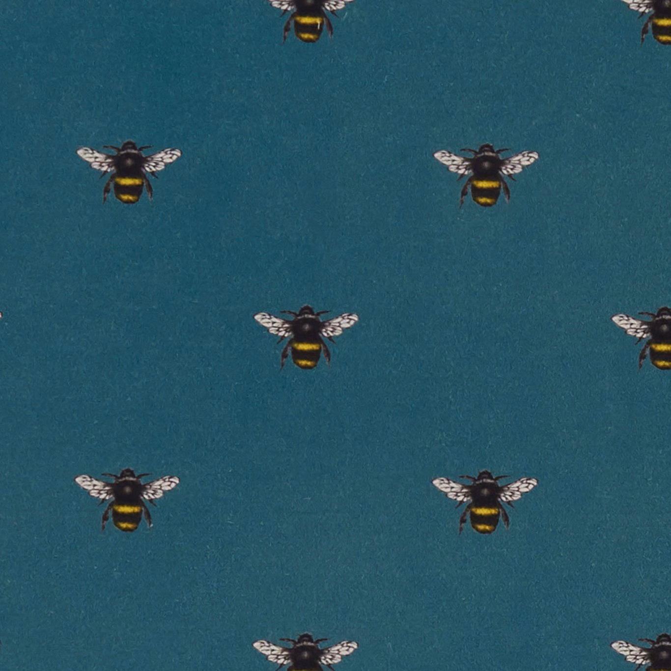Deep teal fabric with small black-and-yellow bees and pale patterned wings