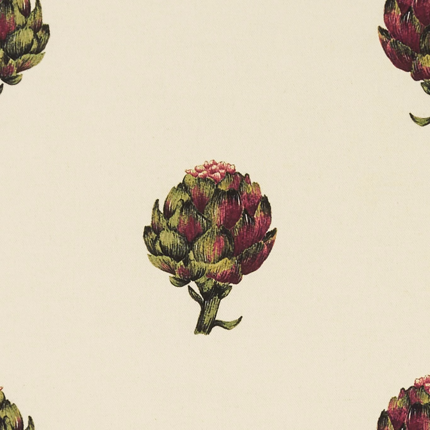Warm ivory fabric with burgundy and olive artichoke motifs in a botanical repeat
