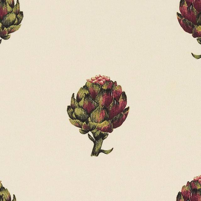 Warm ivory fabric with burgundy and olive artichoke motifs in a botanical repeat