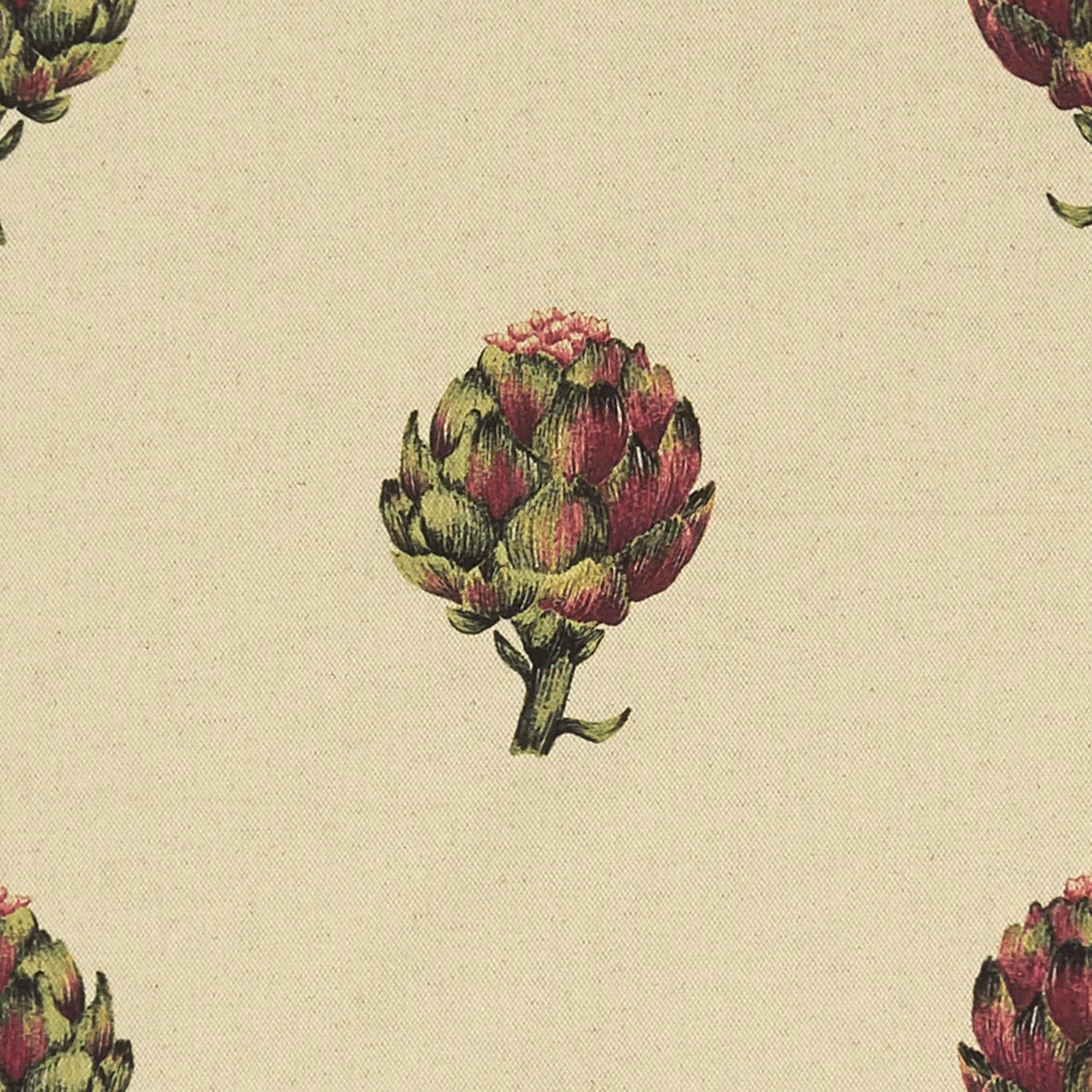 Warm cream woven fabric with scattered olive and burgundy artichoke motifs