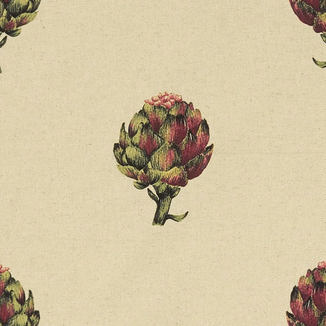 Warm cream woven fabric with scattered olive and burgundy artichoke motifs