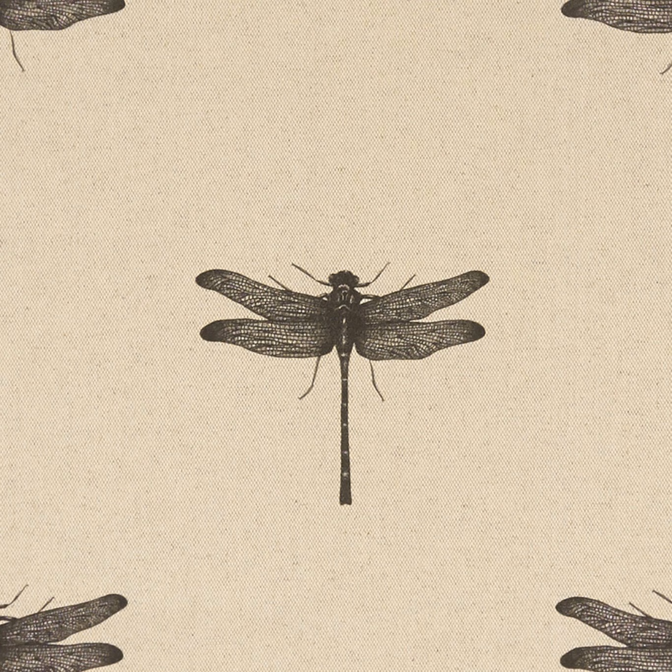 Oatmeal linen-look fabric with charcoal dragonflies and fine woven texture