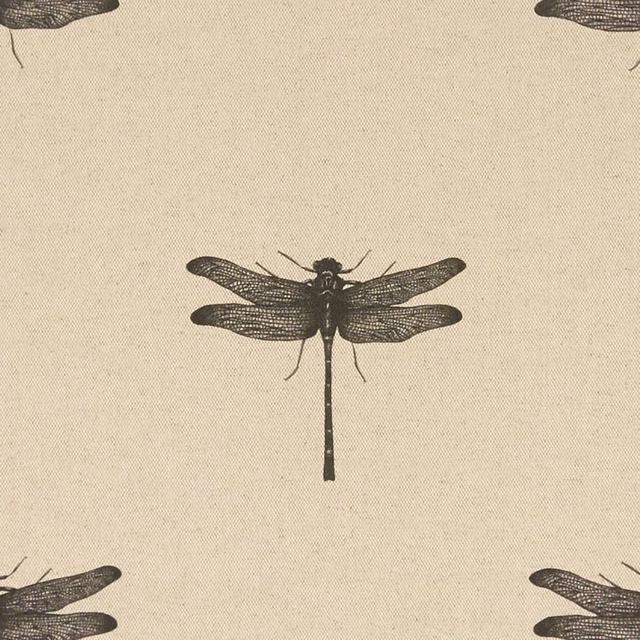 Oatmeal linen-look fabric with charcoal dragonflies and fine woven texture