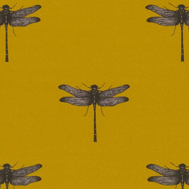 Mustard ochre Eden fabric with charcoal dragonflies and finely detailed wings