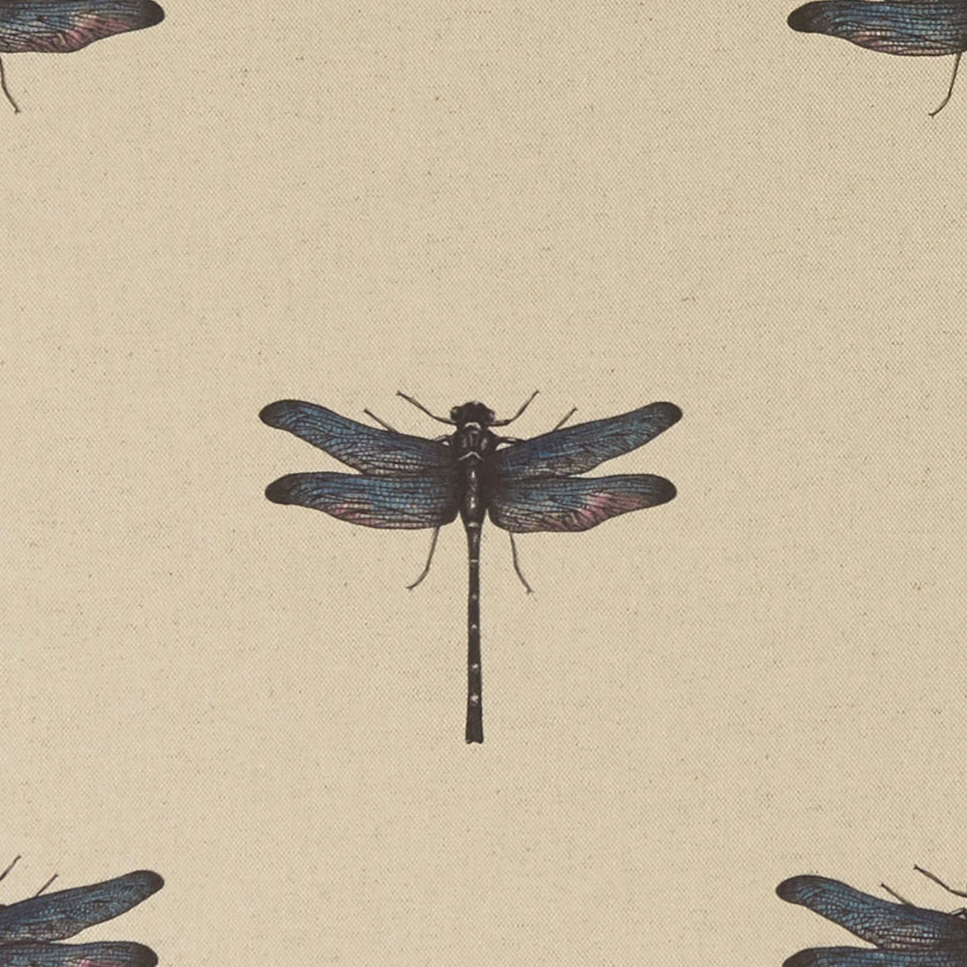 Cool teal dragonflies with blue and plum wing detail on a fine ivory weave