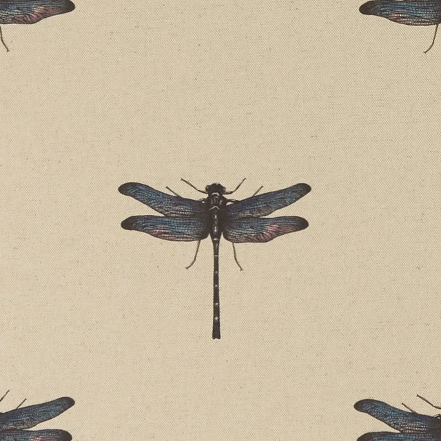 Cool teal dragonflies with blue and plum wing detail on a fine ivory weave