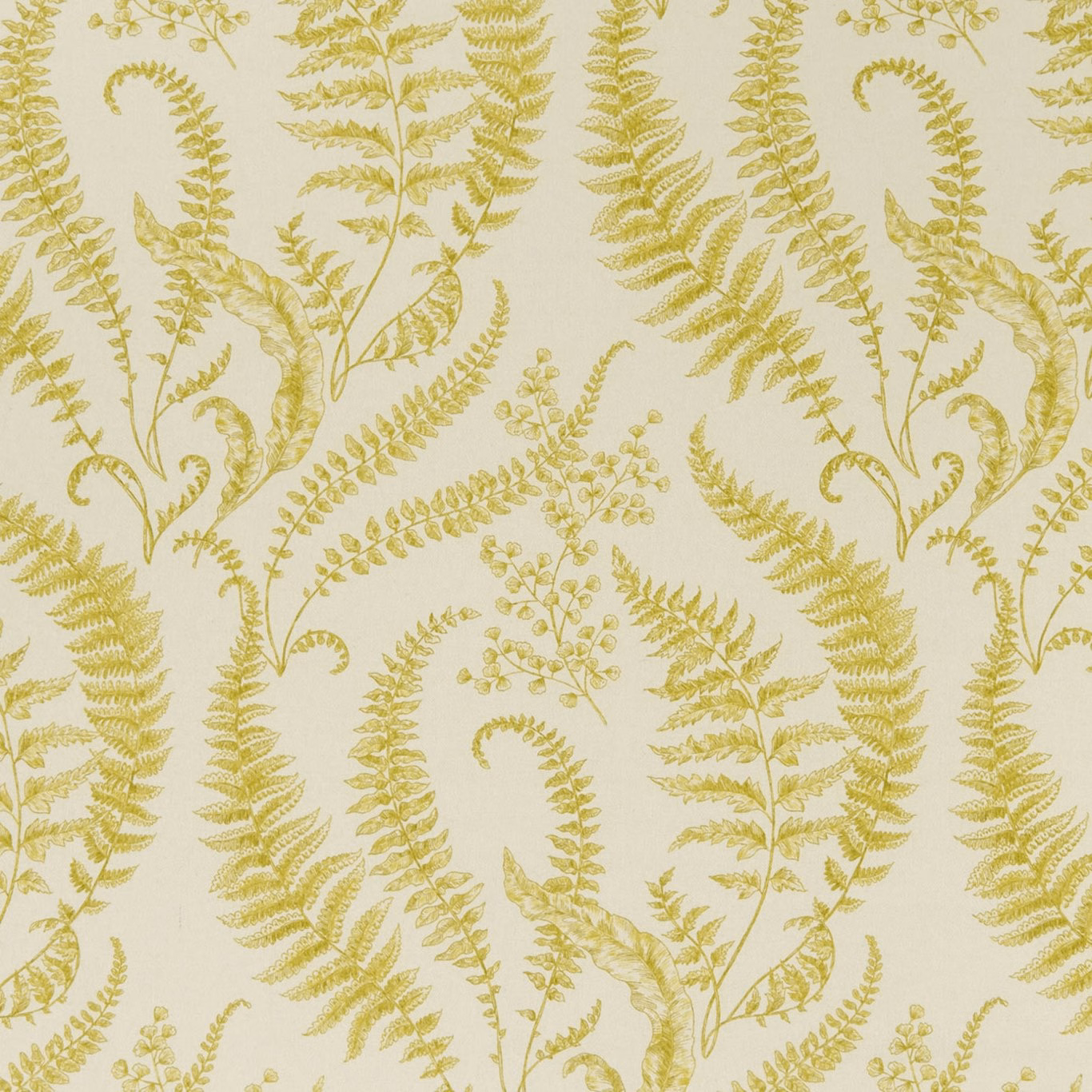 Chartreuse fern and berry botanical motifs on an ivory fabric ground