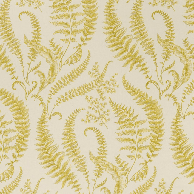Chartreuse fern and berry botanical motifs on an ivory fabric ground