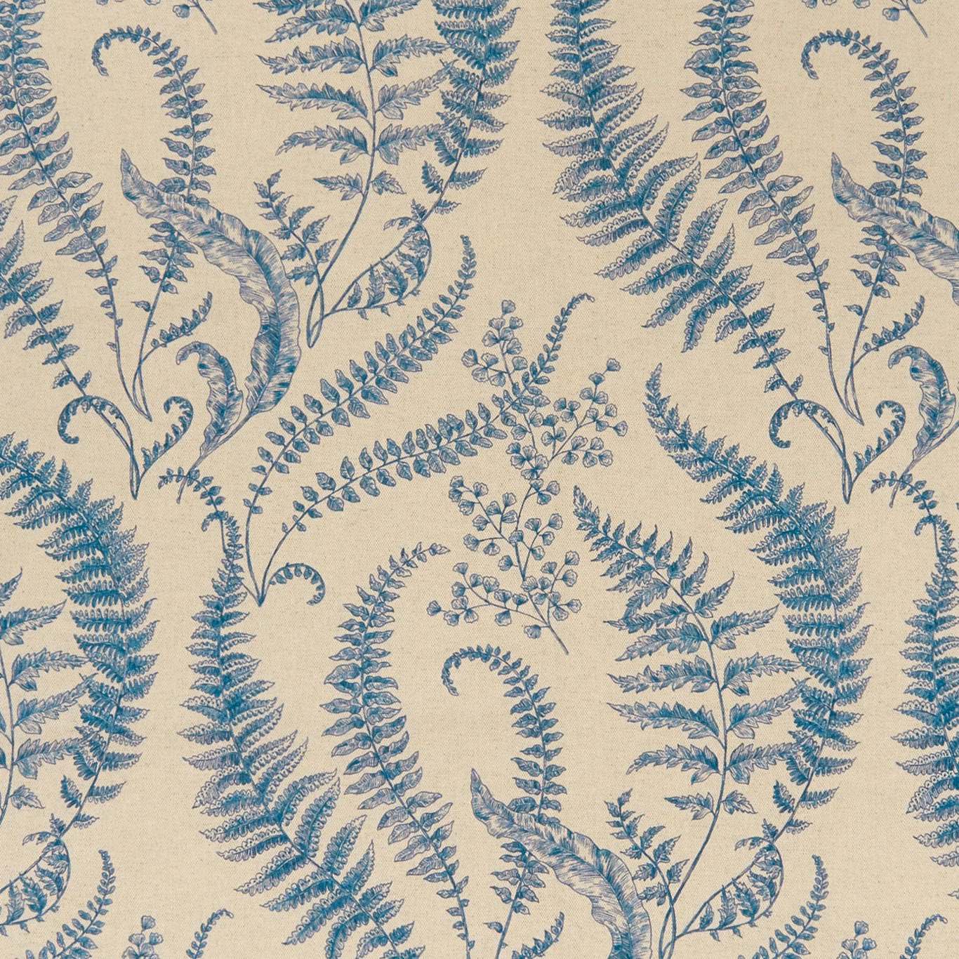 Muted denim-blue fern fronds on a warm beige, lightly textured fabric ground