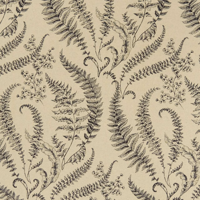 Warm linen-beige fabric with charcoal fern fronds and fine botanical stems
