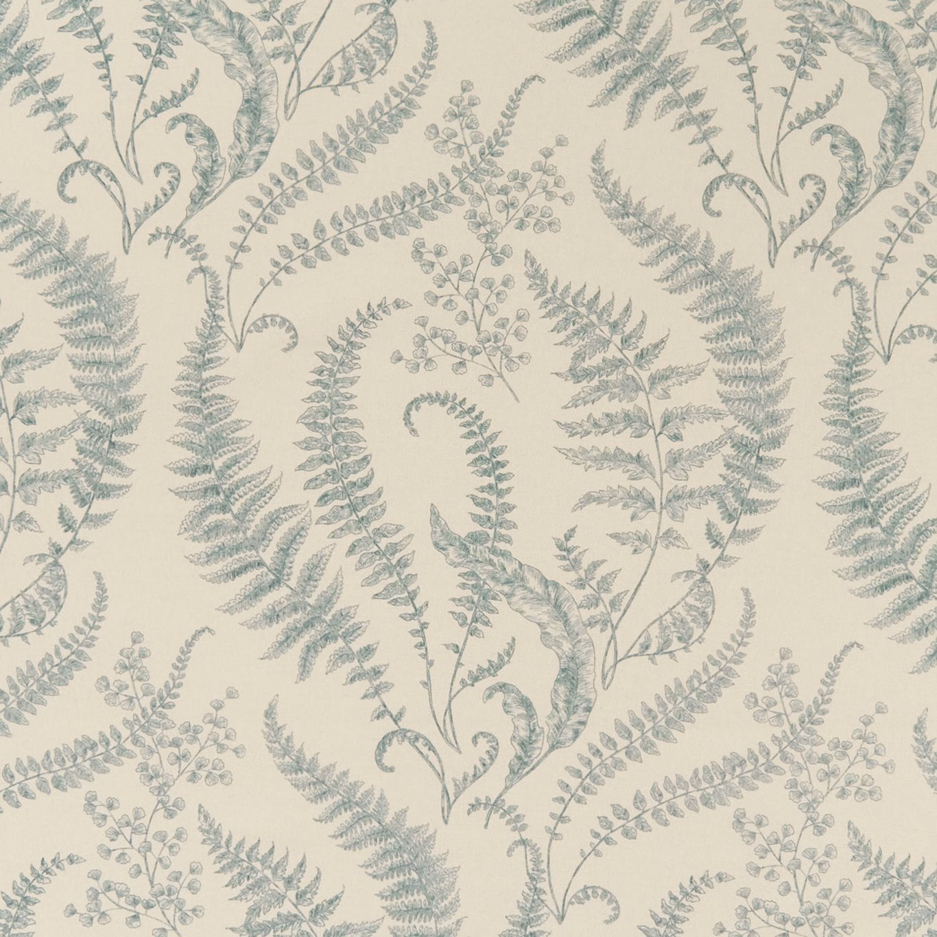 Ivory fabric with muted mineral blue-green ferns, tendrils and delicate botanical sprigs