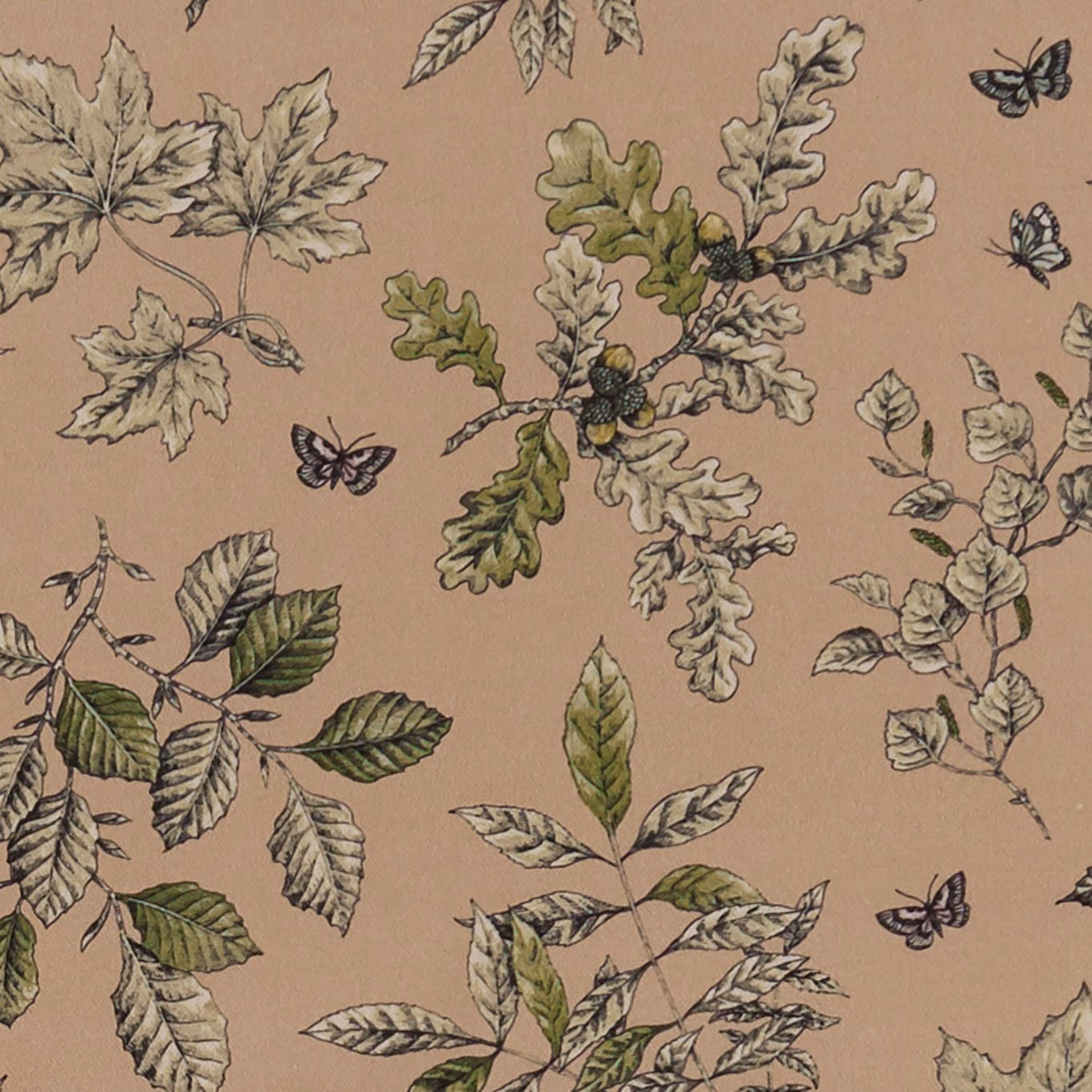 Muted blush fabric with olive oak leaves, acorns, butterflies and fine botanical outlines