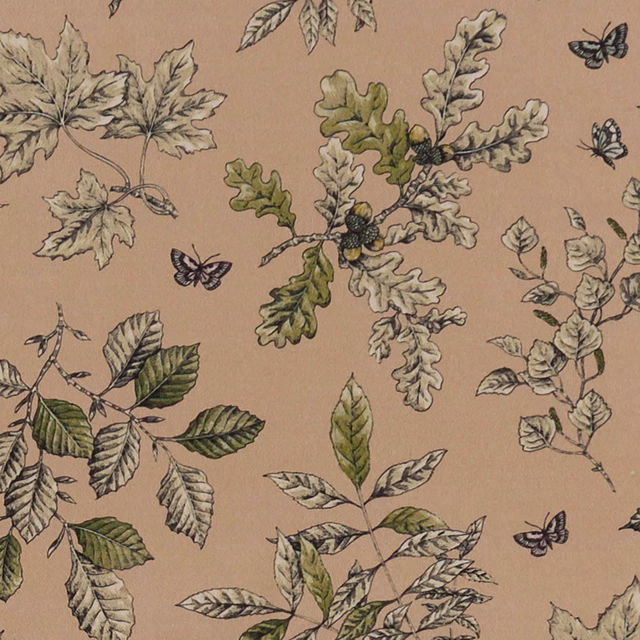 Muted blush fabric with olive oak leaves, acorns, butterflies and fine botanical outlines