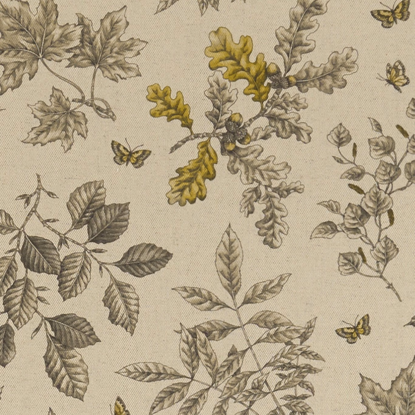 Charcoal leafy branches, ochre oak leaves and butterflies on a beige woven ground