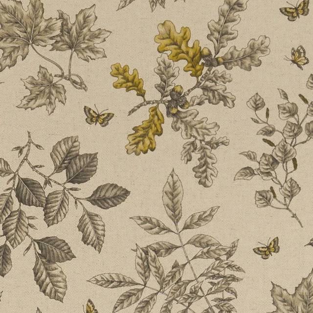 Charcoal leafy branches, ochre oak leaves and butterflies on a beige woven ground