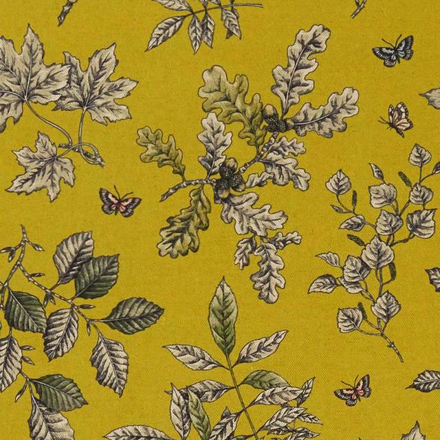 Mustard chartreuse woven ground with illustrated oak leaves, berries, sprigs and butterflies
